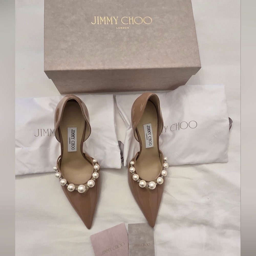 Jimmy Choo Women's Tan Heels with Pearl Embellishments